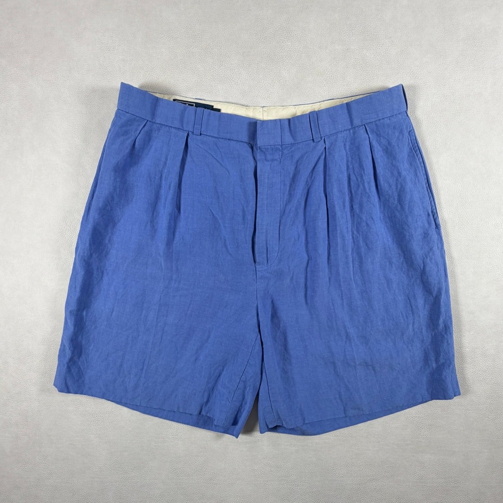 Vintage Polo Ralph Lauren Mens 35 Blue Linen Silk Pleated Shorts Classic Fit